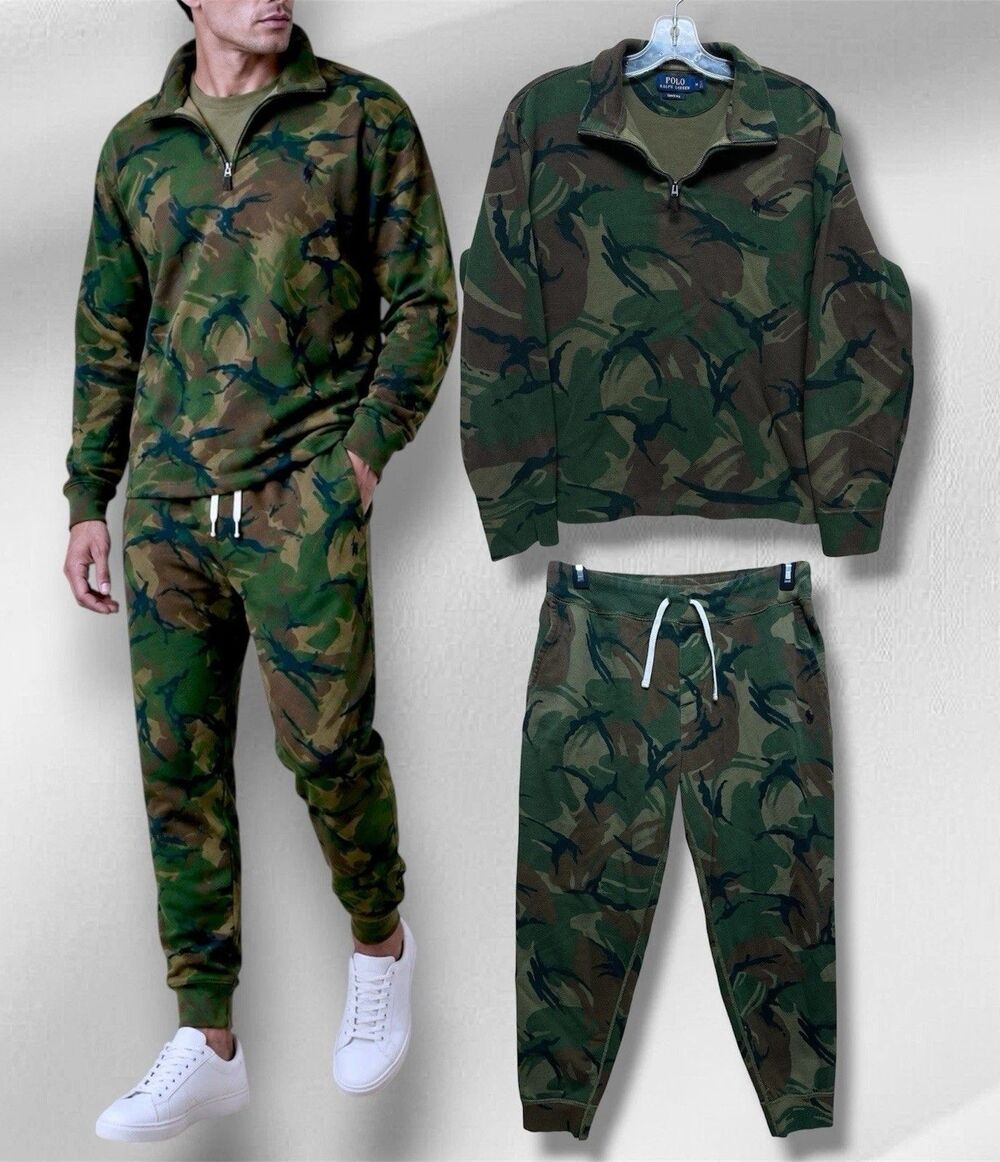 Polo Ralph Lauren Camo Tracksuit Set Mens M Quarter Zip Sweatshirt Joggers Sz L